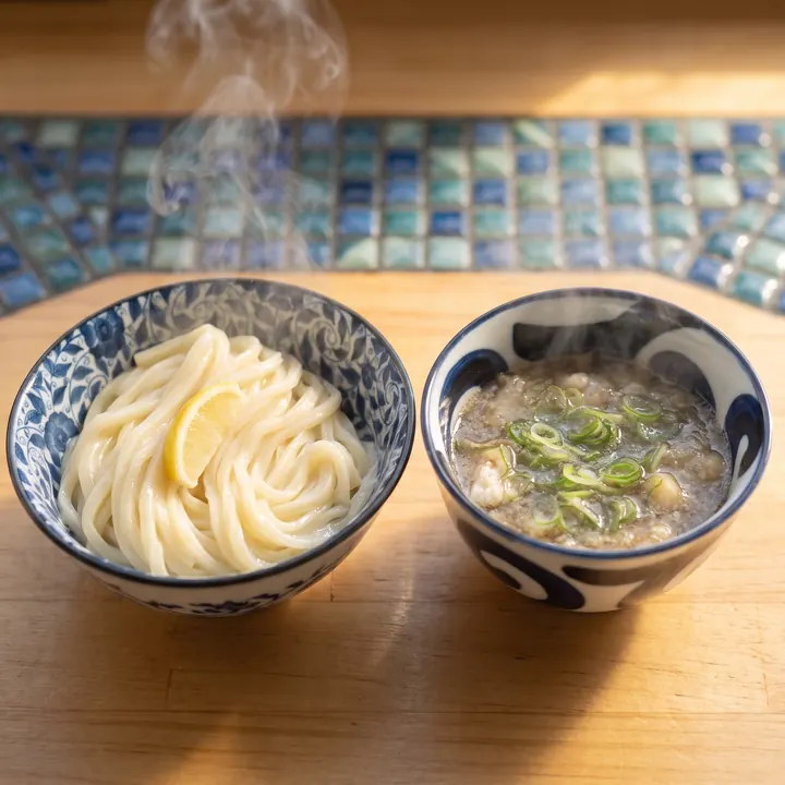 かすつけうどん（ジオラマ風に描いた丼）