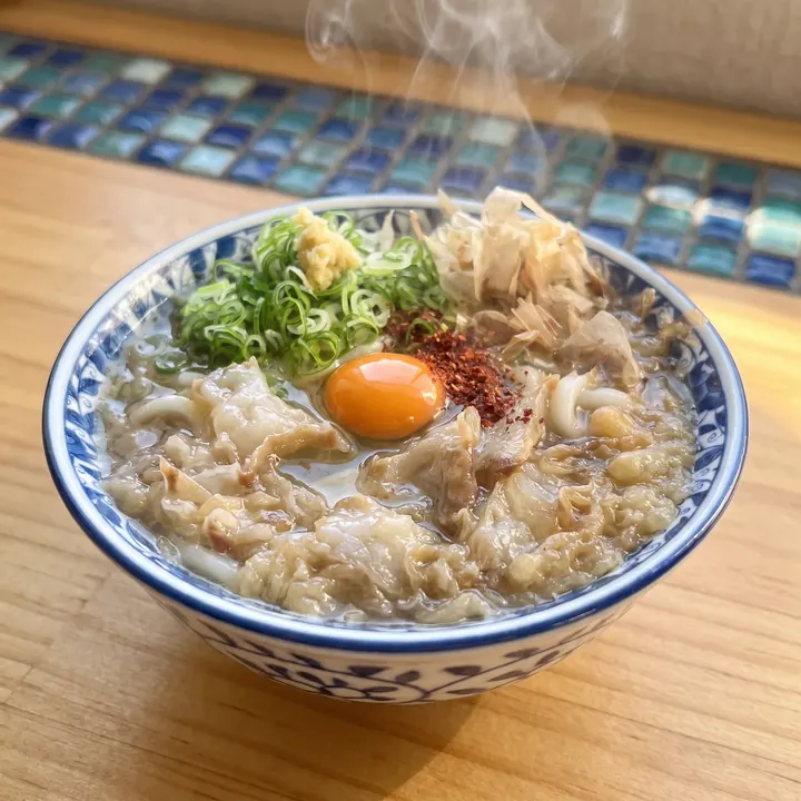 月見かすうどん（ジオラマ風に描いた丼）